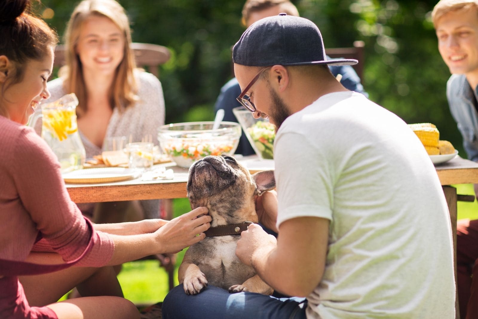 leisure holiday celebration of friends and family eating outdoors and playing with dog
