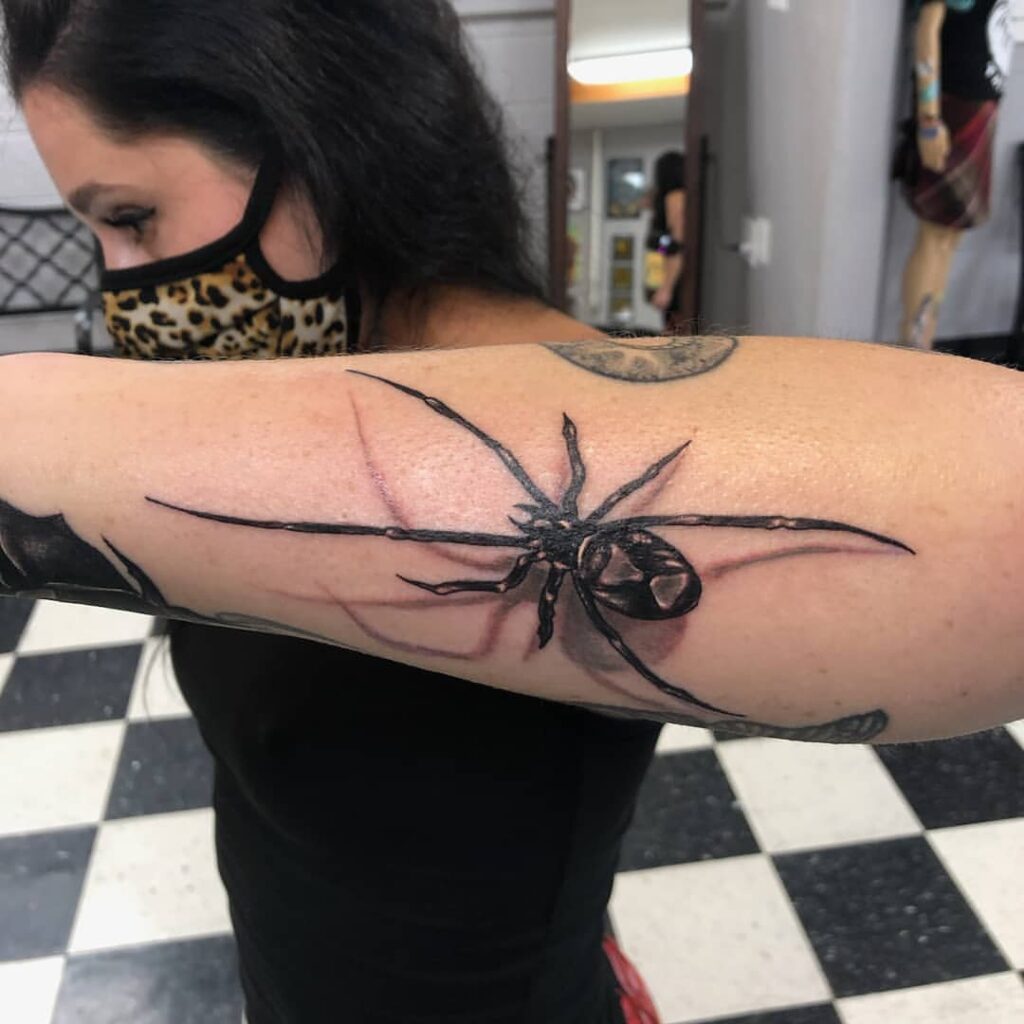 Black Widow Tattoo on Side Forearm