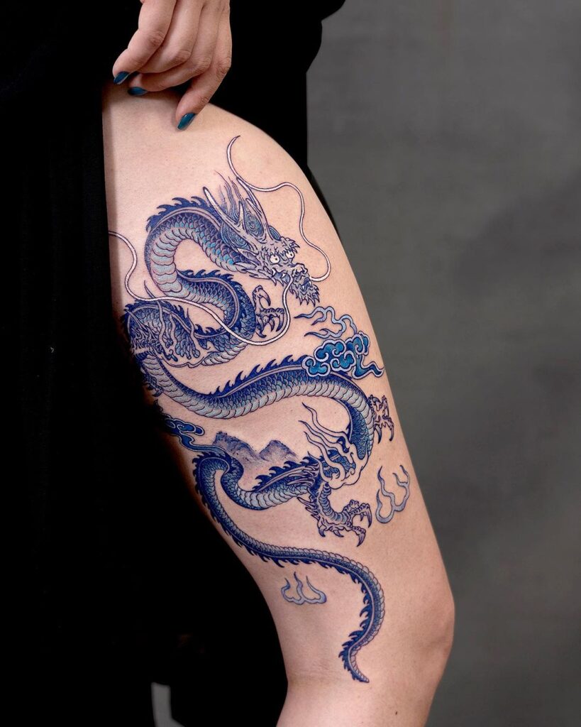 Blue Dragon Thigh Tattoo