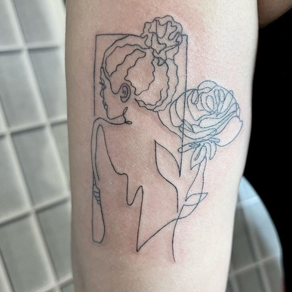 One-Line Strong Woman And Rose Tattoo