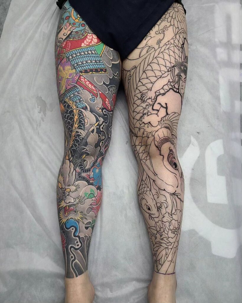 Vibrant Linework Leg Sleeve Tattoo