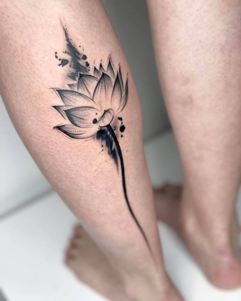 Dotwork and Abstract Leg Lotus Tattoo