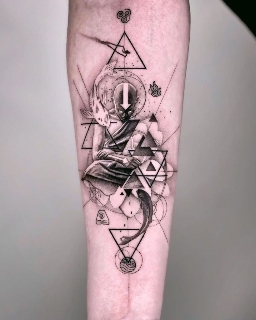 spiritual geometry patchwork sleeve tattoo