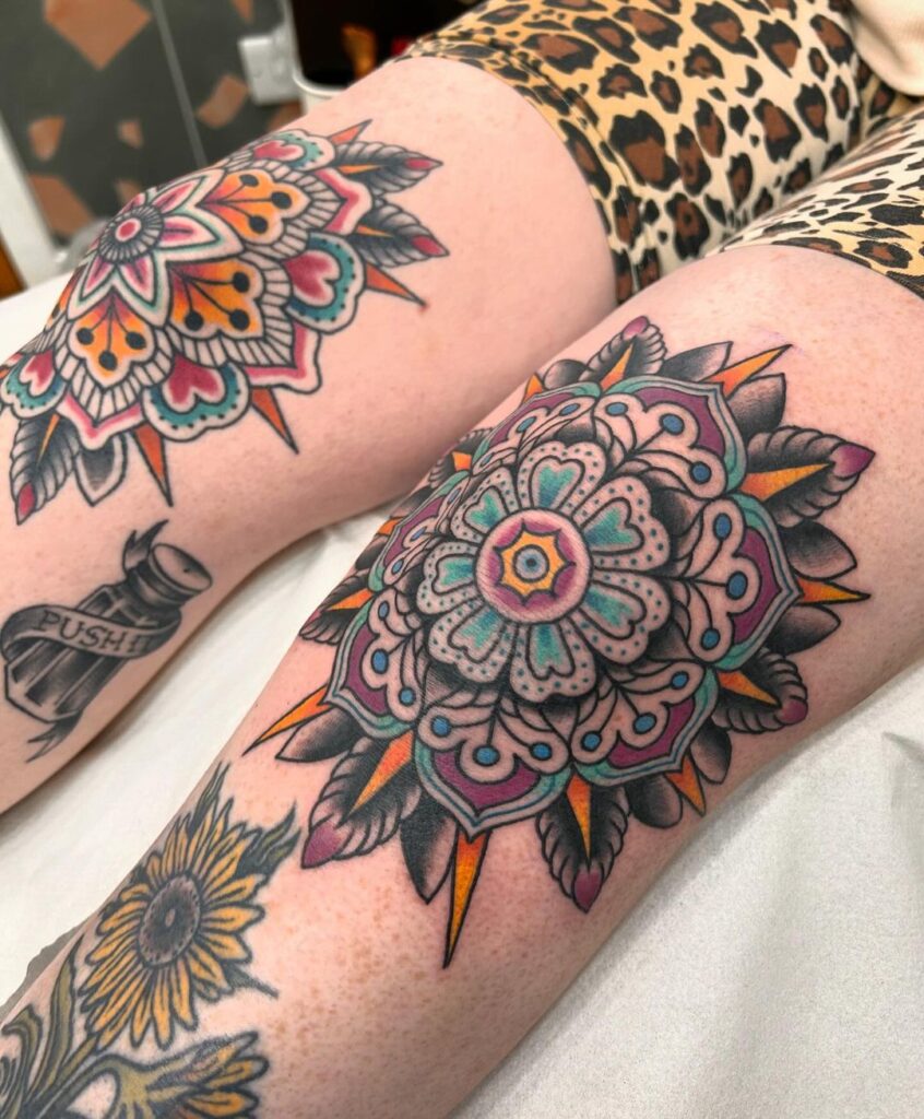 Colorful Mandala Knee Tattoo