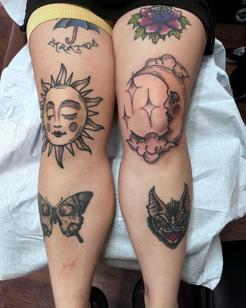 Sun And Moon Knee Tattoo