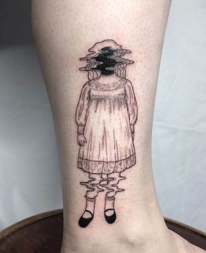 Little girl with fuzzy head and legs.