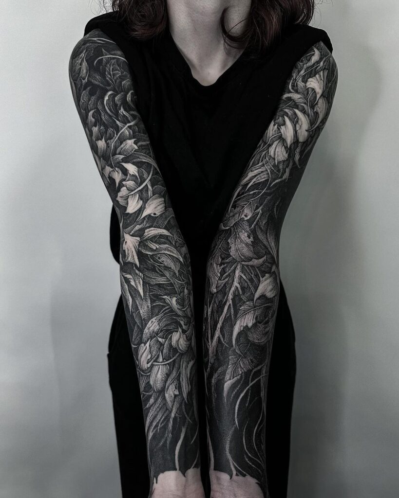 Blackwork Floral Sleeve Tattoo