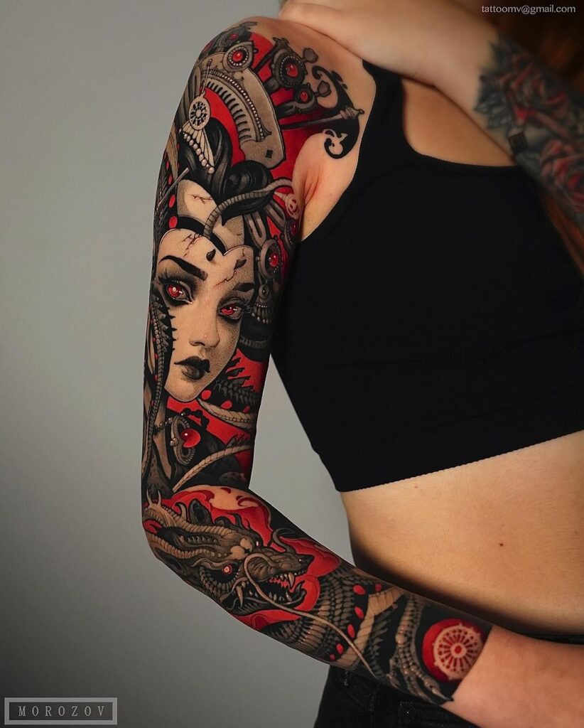 Dragon Geisha Sleeve Tattoo