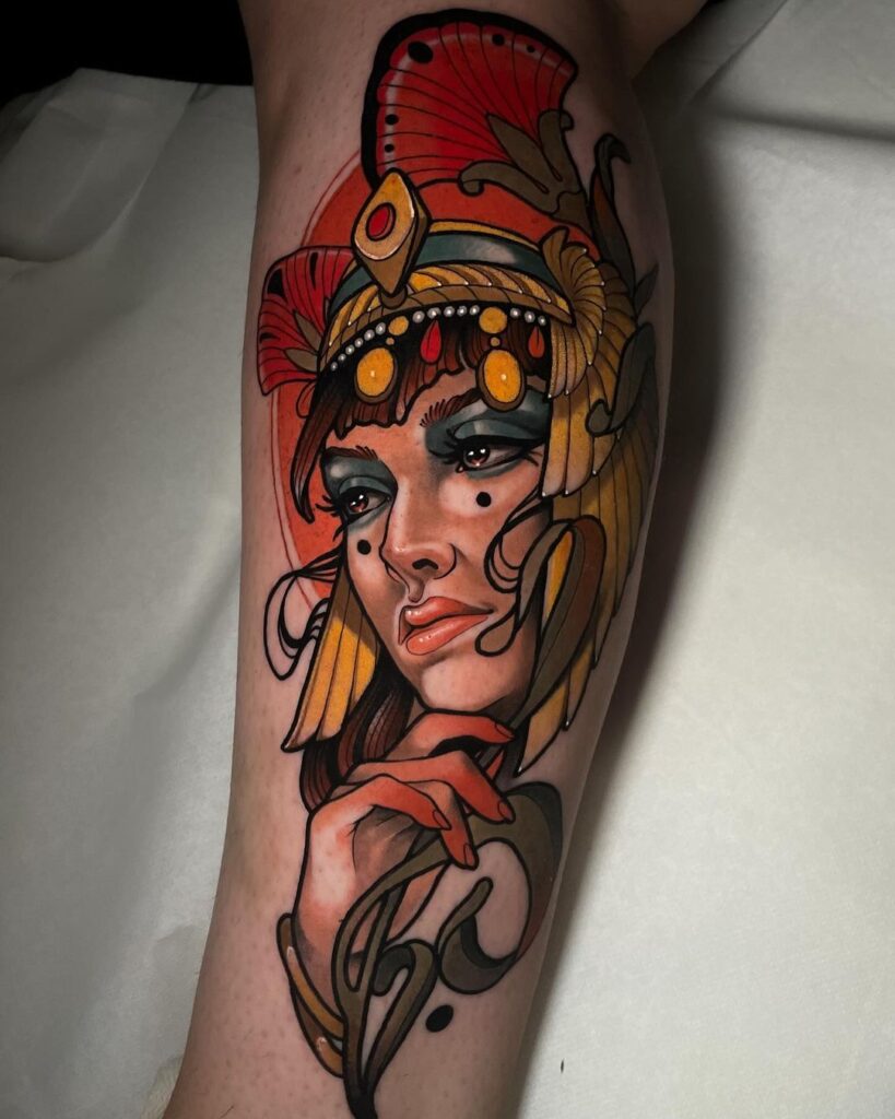 Colorful Cleopatra Leg Tattoo