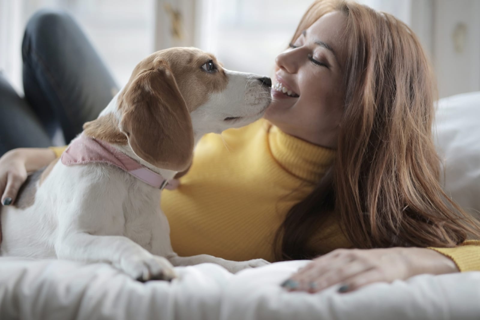 woman petting her dog while relaxing on bed
