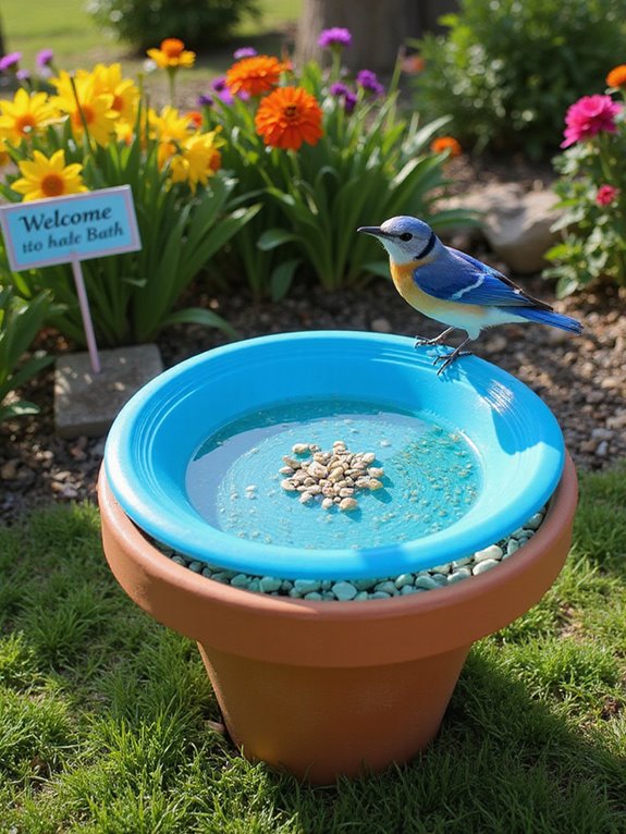 colorful frisbee bird bath