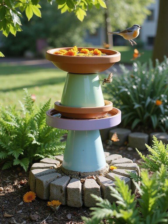repurposed pot bird bath
