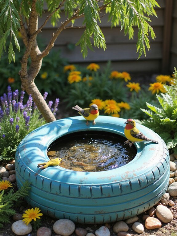 vibrant repurposed tire birdbath