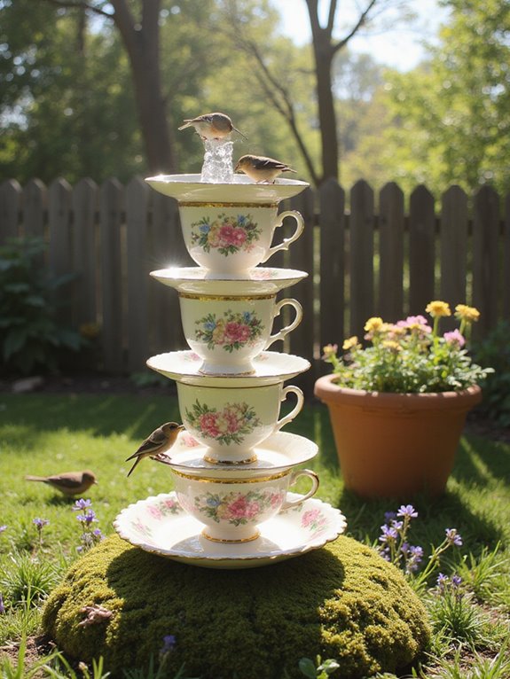 whimsical vintage teacup bird bath