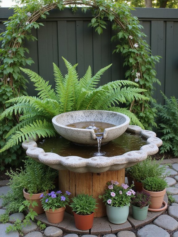 fountain and thriving plants