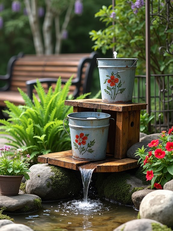 rustic bucket waterfall fountain