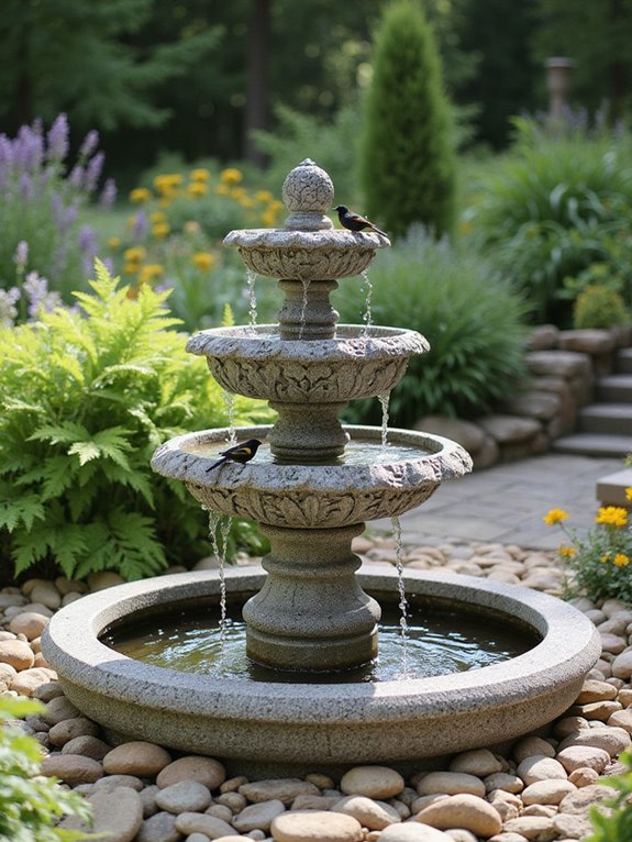 serene tiered stone fountain