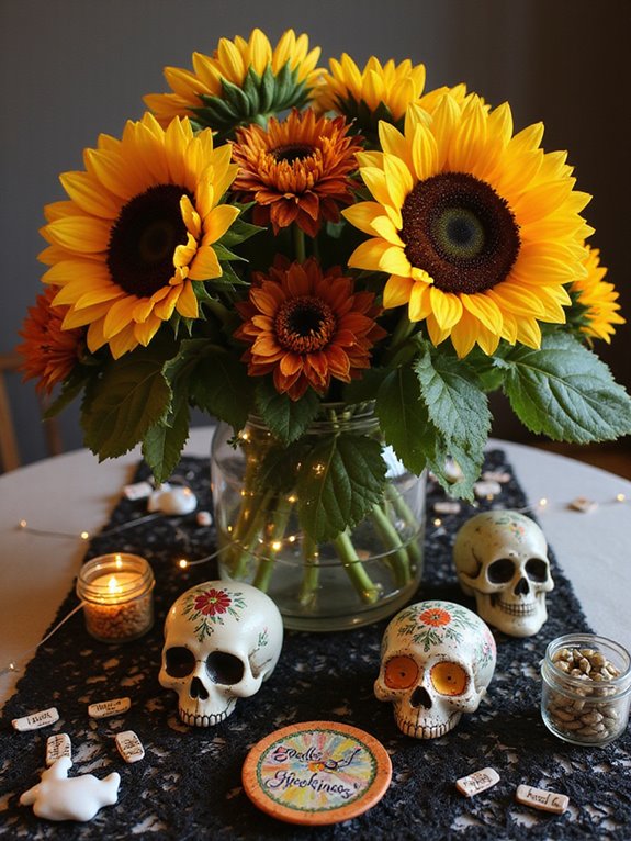 sunflowers contrast with skulls