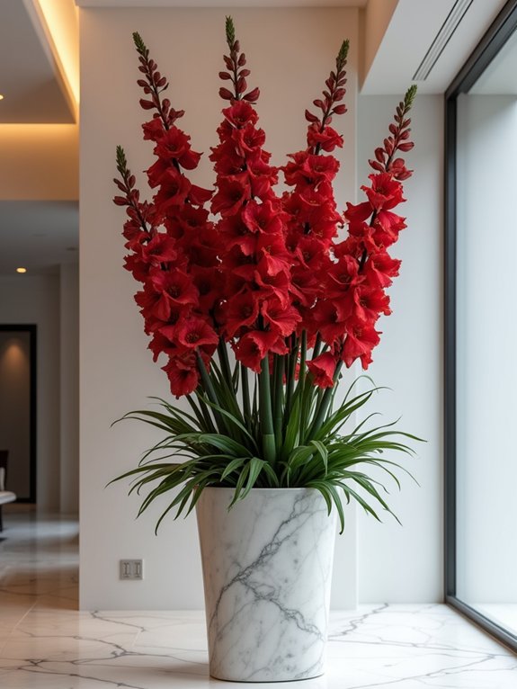 bold garnet gladiolus blooms