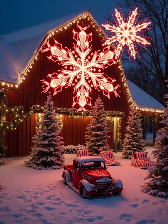 colossal red and white snowflakes