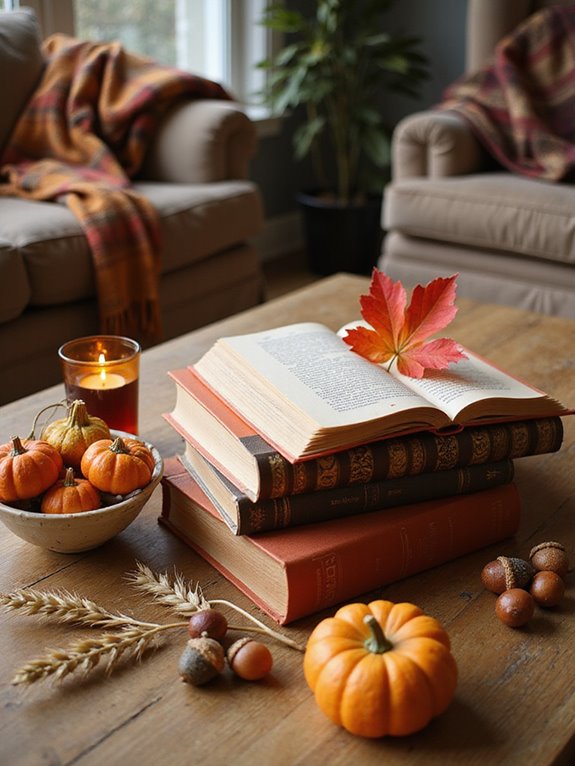 cozy fall themed book stack