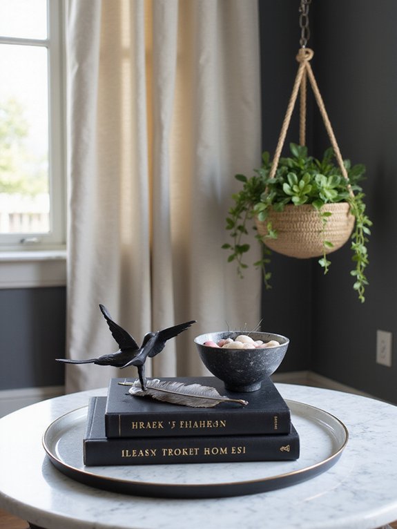 monochromatic stacked book decor