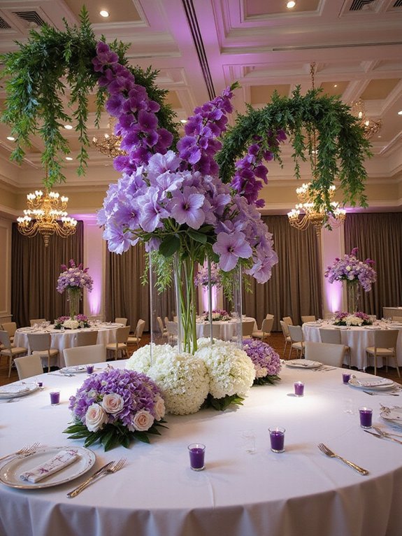 oversized purple and white arrangements