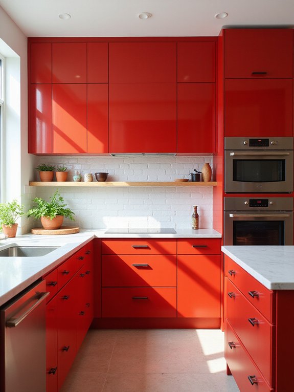 stylish red cabinets white countertops