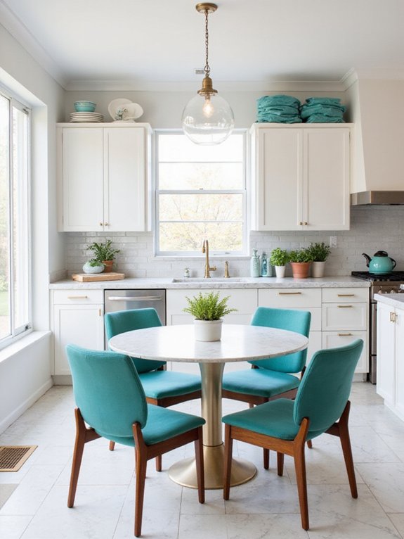 teal chairs and stools