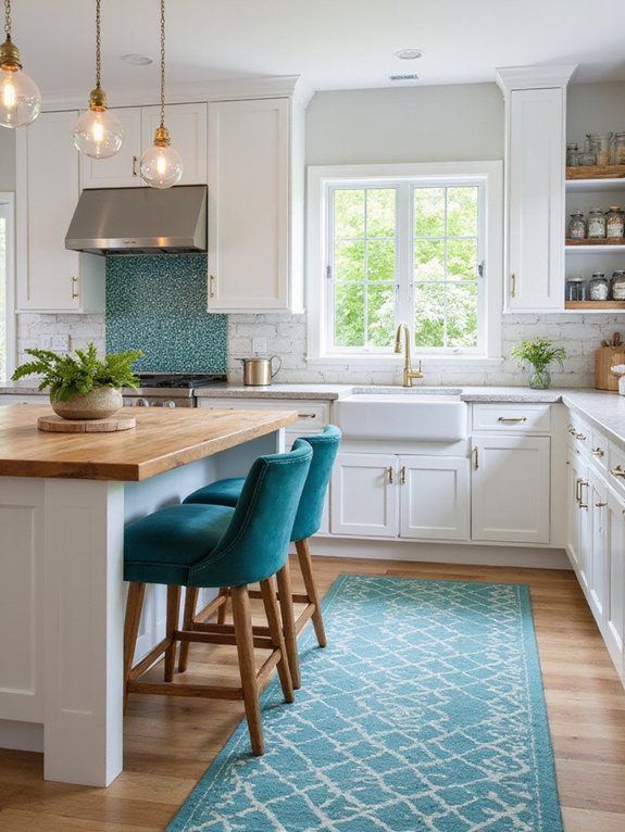 teal rug enhances kitchen decor