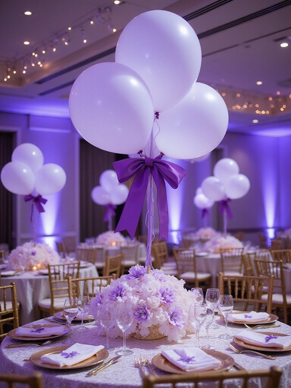 whimsical white and purple balloon centerpieces