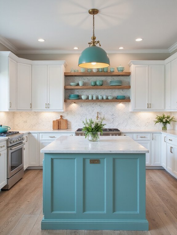 white cabinets teal accents