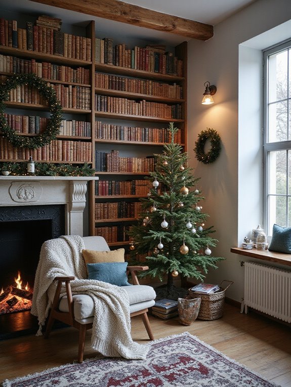 winter themed books decoratively stacked