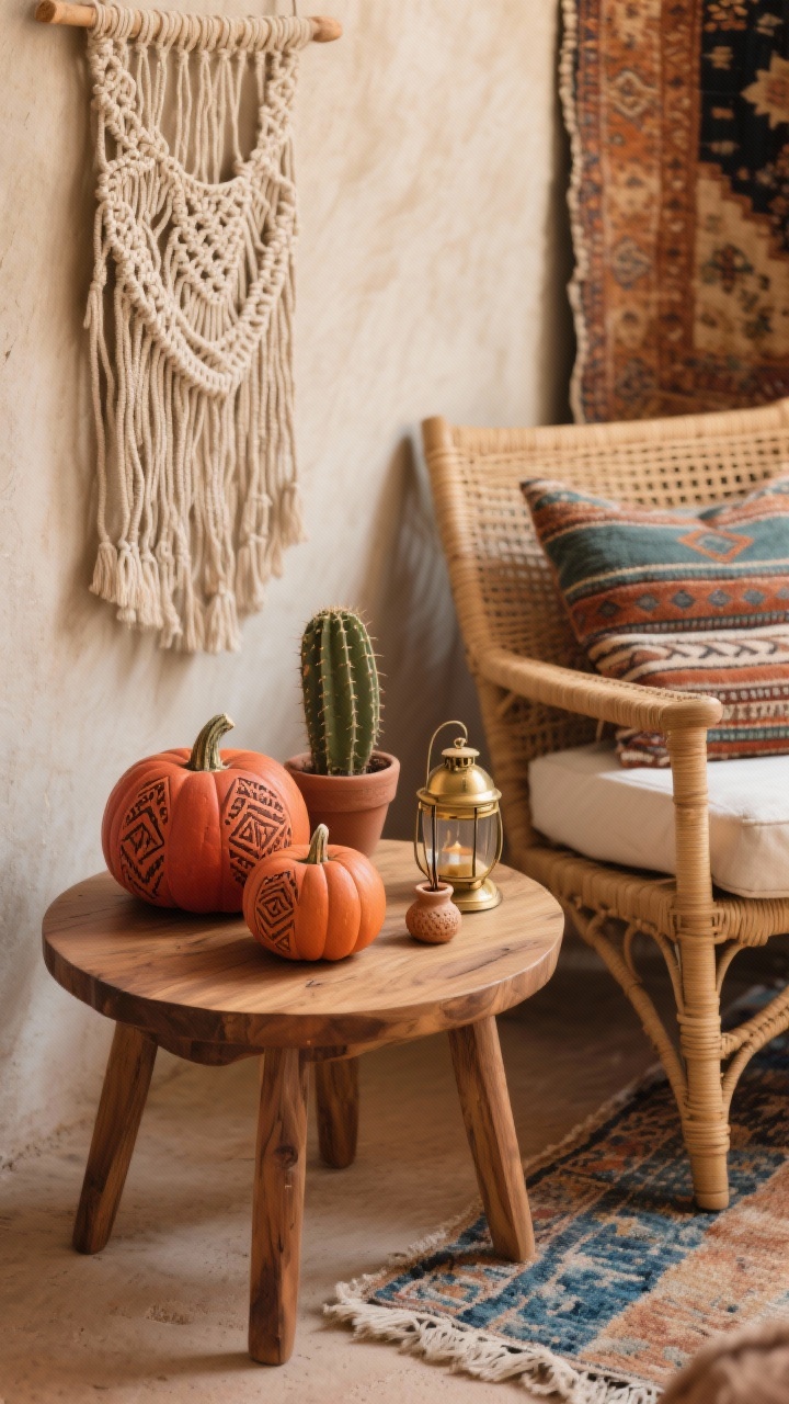 Closeup/detail of a desert boho corner tabletop: low mango-wood side table beside a rattan lounge chair with layered Kilim pillows. On the table, terracotta-painted pumpkins in sunset shades—rust, adobe, clay—with matte topcoat and etched tribal motifs, alongside a small potted cactus, a brass lantern, and a ceramic incense holder. Background hints of a faded Persian rug with caramel and indigo threads and a macramé wall hanging. Palette: rust, sand, indigo, muted olive. Warm, earthy lighting, photorealistic.