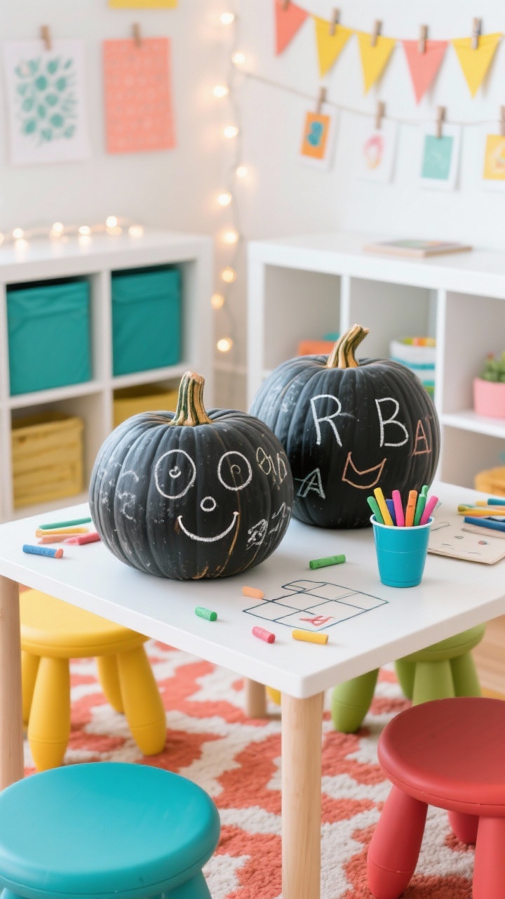 Closeup/detail shot in a playful kids’ playroom: chalkboard-coated pumpkins on a low craft table with a cup of colorful chalk, showing doodled faces, letters, and simple games. Background hints of white modular storage cubbies, bold patterned rug, colorful stools, banner garlands, clip-on art display line, and LED string lights. Colors: white base with pops of teal, coral, sunshine yellow. Bright, even lighting emphasizing the matte chalkboard texture and chalk dust.