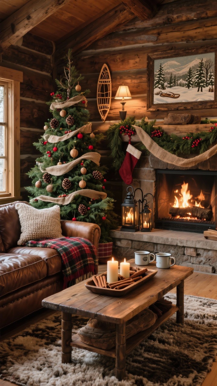 Corner angle medium-wide — Woodland Lodge Family Room: Cozy cabin vibe with a leather sofa layered in plaid blankets, knit pillows, and a chunky wool rug. Earthy palette of deep greens, tobacco browns, and cranberry. Organic tree decorated with pinecone ornaments, wood beads, red berry picks, and burlap ribbon garland. Rustic wood mantel with a long cedar garland, lanterns, and iron stocking holders. Coffee table vignette: wooden tray with pillar candles, cinnamon sticks, and enamel mugs. Wall decor includes vintage snowshoes or framed needlepoint winter scene. Warm firelight and lamplight, photorealistic.