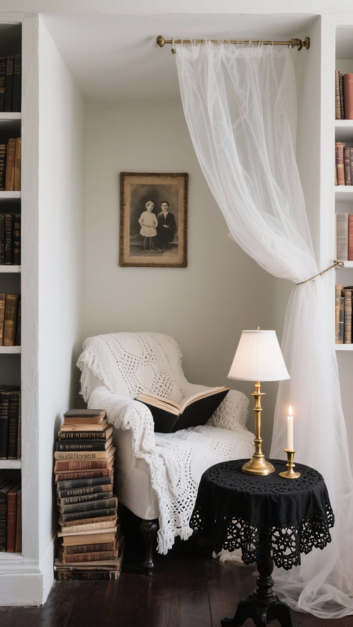 Cozy corner medium shot, Phantom Library Reading Corner: a ghostly book nook with a white crochet throw over a reading chair; a sheer curtain panel draped from a command hook above as an ethereal canopy; a stack of old books used as a side table topped with a black lace doily and a brass candlestick with a battery taper; a framed “spirit portrait” on the wall using a faded black-and-white family photo; palette of bone white, sepia, brass, midnight black; single reading lamp with soft white bulb plus the faux candle glow; no people, photorealistic.