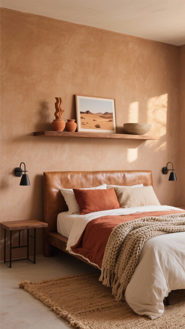 Desert modern medium shot: muted clay-painted wall with a mid-tone walnut shelf above a leather headboard; shelf styled with terracotta pots, a sculptural desert landscape print, and a sandstone bowl; bedding layered in rust, sand, and ivory with a chunky knit throw; jute rug visible below and black metal sconces at the sides; warm, sunbaked palette with soft golden-hour lighting; modern and earthy.