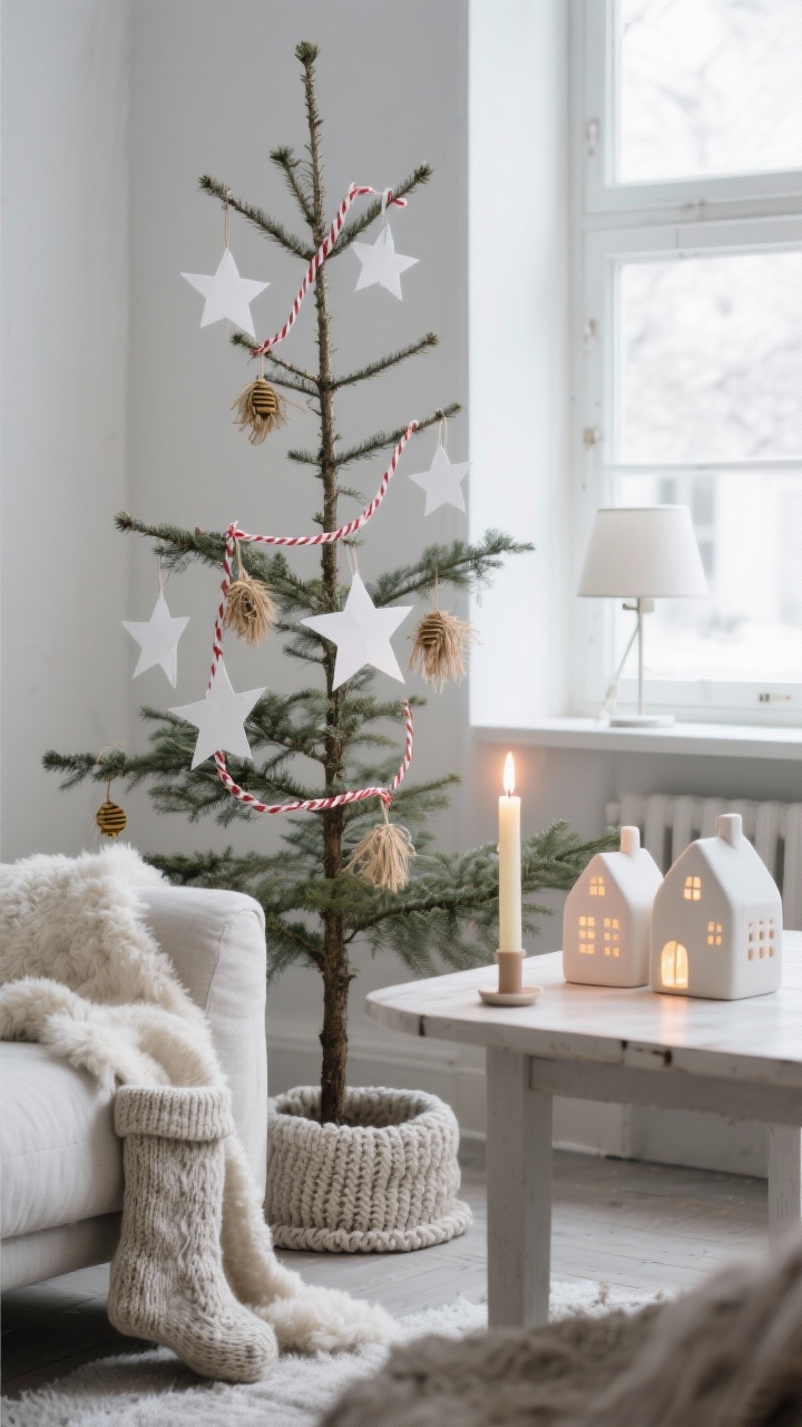 Detail closeup — Candlelit Scandinavian Christmas: Minimal, airy scene focusing on a slim natural tree with white paper stars and straw ornaments strung on red-and-white baker’s twine. Soft whites, muted grays, and evergreen palette. Beeswax taper candles glowing, single candle lamps in window sills in the background. Textures visible: sheepskin throws draped over a pale linen sofa edge, knitted wool stocking and a simple knitted tree skirt. Ceramic village houses softly lit from within on a nearby table. Clean lines, uncluttered, calm winter glow. Photorealistic.