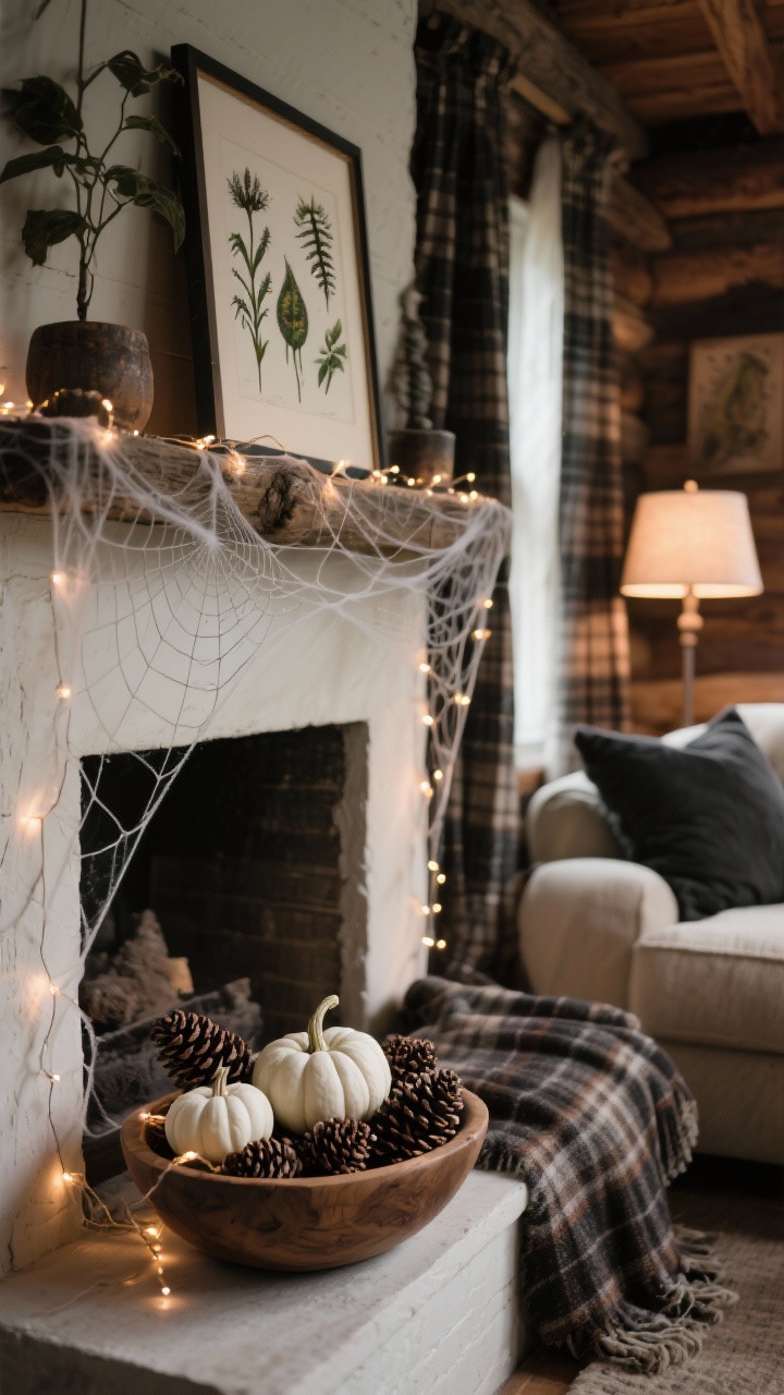 Detail closeup, Cobweb Cabin Living Room: refined rustic-spooky textures; minimalist fake spiderweb stretched sparingly along a mantle corner and curtain rod; a wooden dough bowl filled with pinecones and tiny white pumpkins intertwined with warm fairy lights; a hint of framed botanical prints of poisonous plants leaning on the mantle behind; plaid throw and charcoal pillows softly blurred in background; palette of charcoal, cream, forest brown, soft plaid tones; warm fairy lights and dimmed floor lamp ambience; no people, photorealistic.