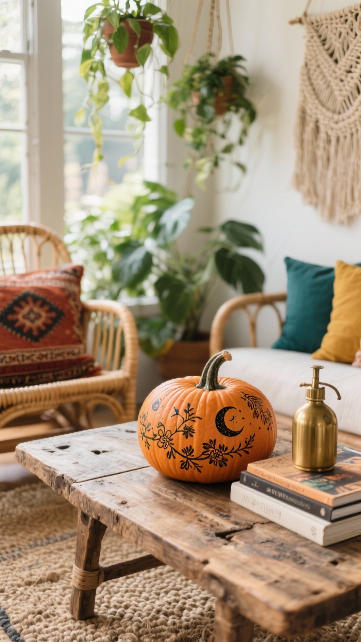 Detail closeup on a reclaimed wood coffee table in a plant-filled boho sunroom: rattan lounge chairs and hanging pothos softly blurred in the background, jute rug texture visible. Pumpkins feature temporary tattoo transfers in celestial and floral motifs—henna-style vines, moons, delicate florals—finished with a light matte sealant that looks hand-drawn. Nearby elements: corner of a macrame wall hanging, mix-and-match kilim pillows in rust, teal, and mustard peeking into frame, and a brass misting bottle resting on stacked art books. Earthy, layered, relaxed feel, natural daylight.