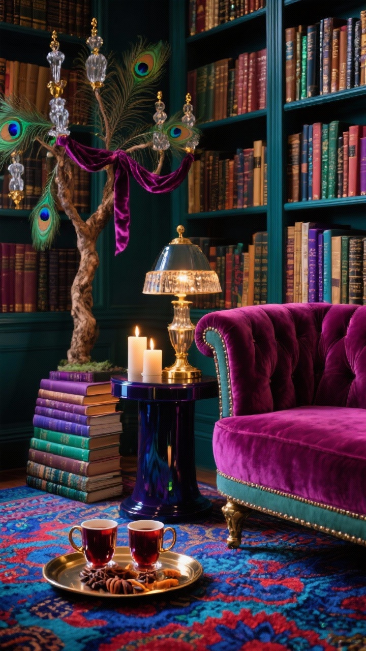 Detail closeup, photorealistic: Jewel-tone maximalist library vignette focusing on a velvet chaise edge beside floor-to-ceiling bookshelves; a lavish tree in background hints with peacock feathers, glass finials, and velvet ribbon; foreground tray with mulled wine mugs on a lacquered side table; brass library lamp glow; LED candles tucked between stacked books; patterned rug pulling sapphire, ruby, amethyst, and emerald jewel tones together; rich, dramatic, sparkling mood with layered textures.