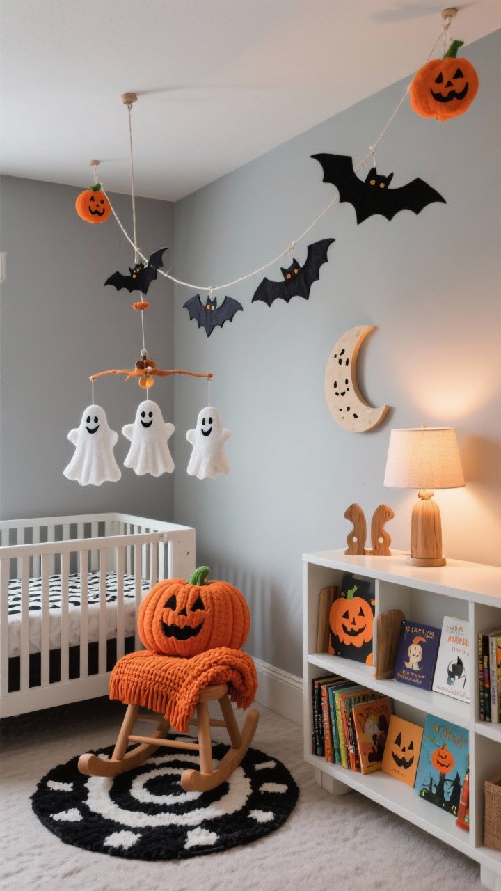 Detail/medium nursery shot, Twilight Nursery Of Friendly Frights: sweet, storybook seasonal vibe; paper bats hung in a swooping arc from a ceiling corner on fishing line to look mid-flight; soft felt ghosts with embroidered smiles featured on a crib mobile or wall; plush black-and-white rug, pumpkin-orange knit throw on a rocker; bookshelf styled with Halloween picture books and wooden moon decor, including moon cutout bookends; palette of soft gray, milk white, pumpkin orange, charcoal accents; warm nightlight and a dimmable lamp providing bedtime glow; no people, photorealistic.