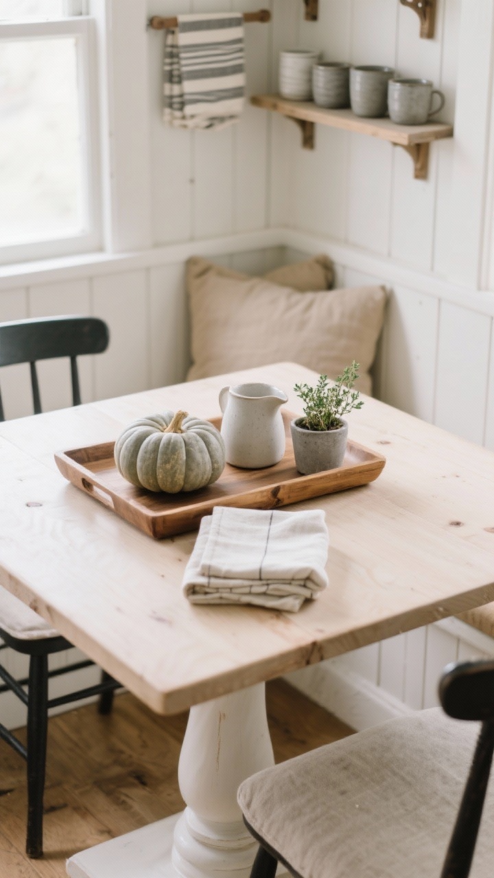 Detail, overhead shot of a Scandinavian kitchen nook tabletop: pale oak pedestal table near a built-in bench with oatmeal cushions. On a wooden tray, two small concrete-look pumpkins (matte, stone texture), a ceramic creamer, and a neatly folded linen. A tiny potted thyme adds greenery. Surroundings hint at Shaker chairs, tongue-and-groove paneling, and open shelves with stoneware mugs and striped tea towels. Colors: soft white, pale oak, charcoal, linen beige. Soft morning light for a clean, cozy feel.
