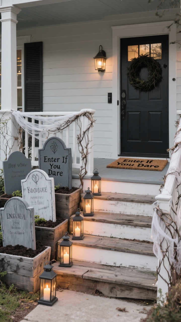 Front porch wide shot, Cemetery Chic Porch Scene: stylish graveyard display with foam board tombstones painted in layered slate gray and hand-lettered names, propped securely in planters with soil; steps lined with lanterns holding battery candles; railing wrapped in gauze with dried twigs tucked in; simple matte black wreath on the door; coir doormat stenciled “Enter If You Dare”; materials show weathered wood textures and warm candlelight glow; pathway stake lights guiding up the steps; no people, photorealistic.