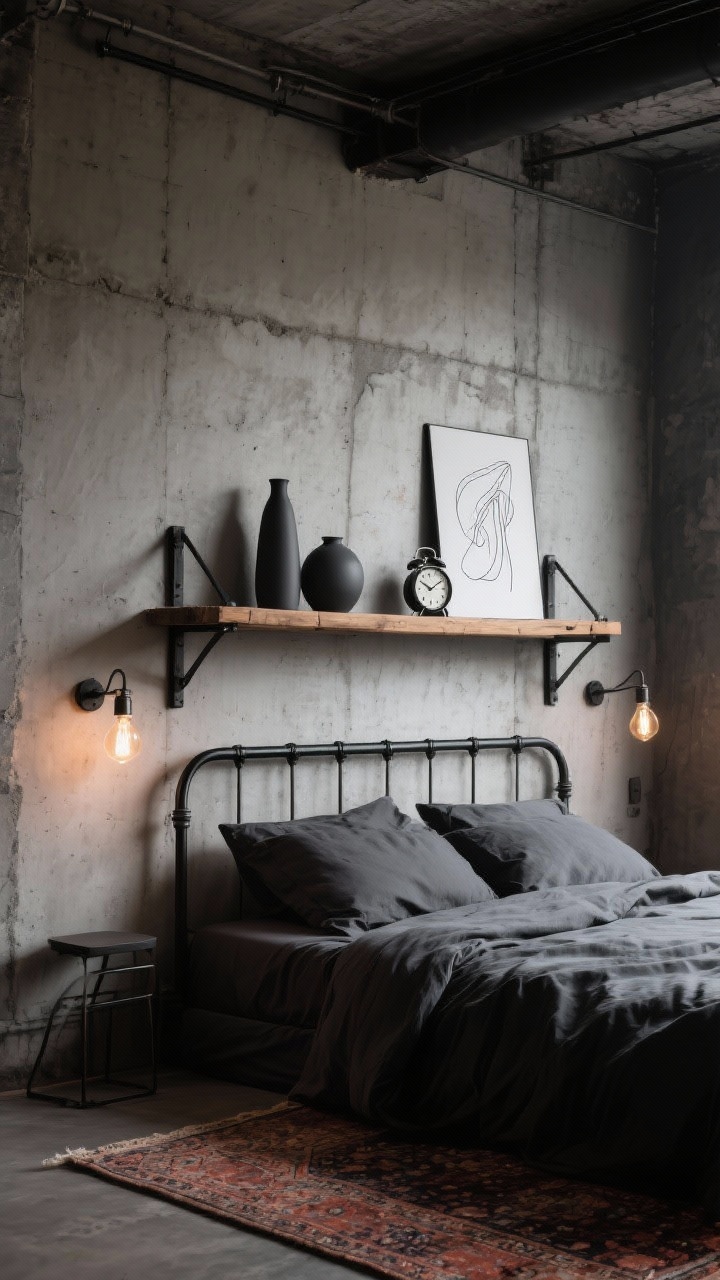 Industrial loft medium shot: black metal bracket shelf with a raw wood plank against a concrete or plaster-effect wall; shelf styled with a vintage alarm clock, matte charcoal vases, and a casually leaned minimalist line drawing; Edison bulb sconces flanking the headboard; charcoal linen bedding; a faded Persian rug in muted rust peeking into frame warms the scene; gritty yet refined ambiance with moody, directional lighting.