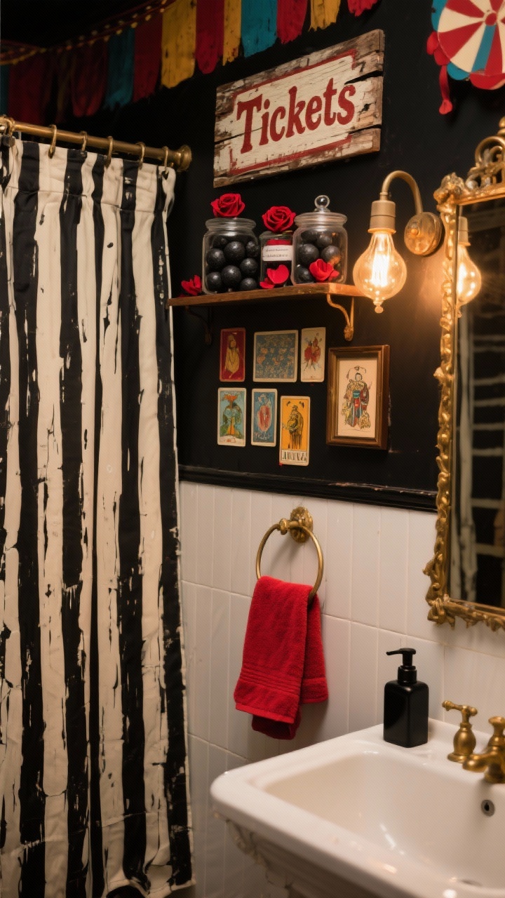 Medium bathroom shot, Vintage Carnival Bathroom: haunted-carnival twist with a striped black-and-cream shower curtain; a painted scrap-wood “Tickets” sign above the towel rack; apothecary jars filled with black bath bombs and red rose petals; a grid of mismatched tarot cards framed along one wall; deep red hand towel and a black soap dispenser for punchy contrast; palette of black, cream, carnival red, antique gold; vanity bulbs switched to warm vintage-style LEDs for nostalgic glow; no people, photorealistic.