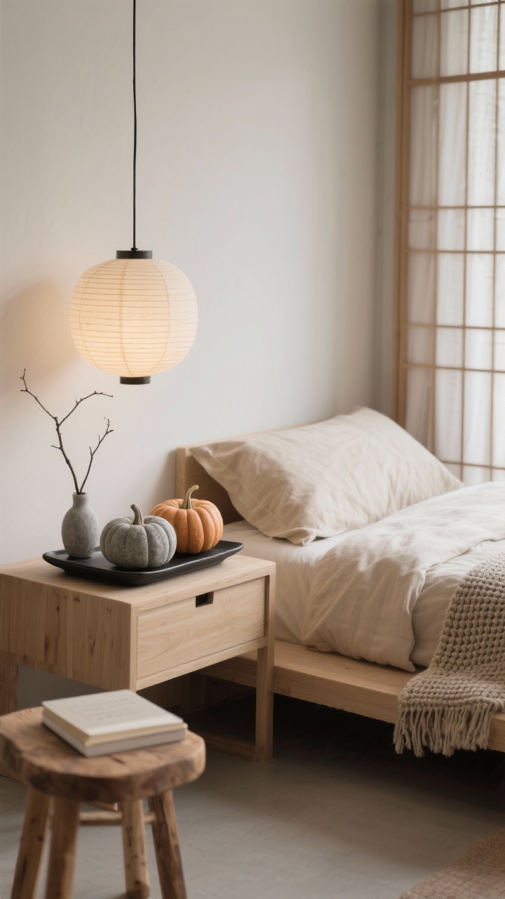 Medium bedside scene in a Japandi bedroom retreat: low platform bed with oat-colored linen duvet, pale wood nightstand, paper lantern pendant diffusing soft light. On the nightstand, two stone-effect pumpkins in warm gray and putty, coated with mineral/baking soda paint for a chalky ceramic texture; placed on a thin black ceramic tray next to a simple bud vase holding a single branch. Quiet details include a waffle-knit throw at the foot of the bed, neutral shoji-style curtains filtering light, and an unfinished wood stool as a perch for a book. Calm, tactile, minimalist serenity.