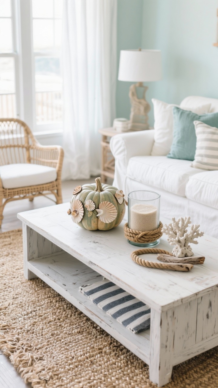Medium, coffee table vignette in a coastal living room: white slipcovered sofa, rattan accent chairs, bleached-wood media console, seagrass rug, nautical stripes accents. On the table, seashell-embellished pumpkins and one wrapped in driftwood slices beside a glass hurricane filled with sand and a rope knot; a small coral sculpture nearby. Palette: seafoam, sand, white, weathered gray. Breezy daylight with sheer curtains, beachy textures emphasized.