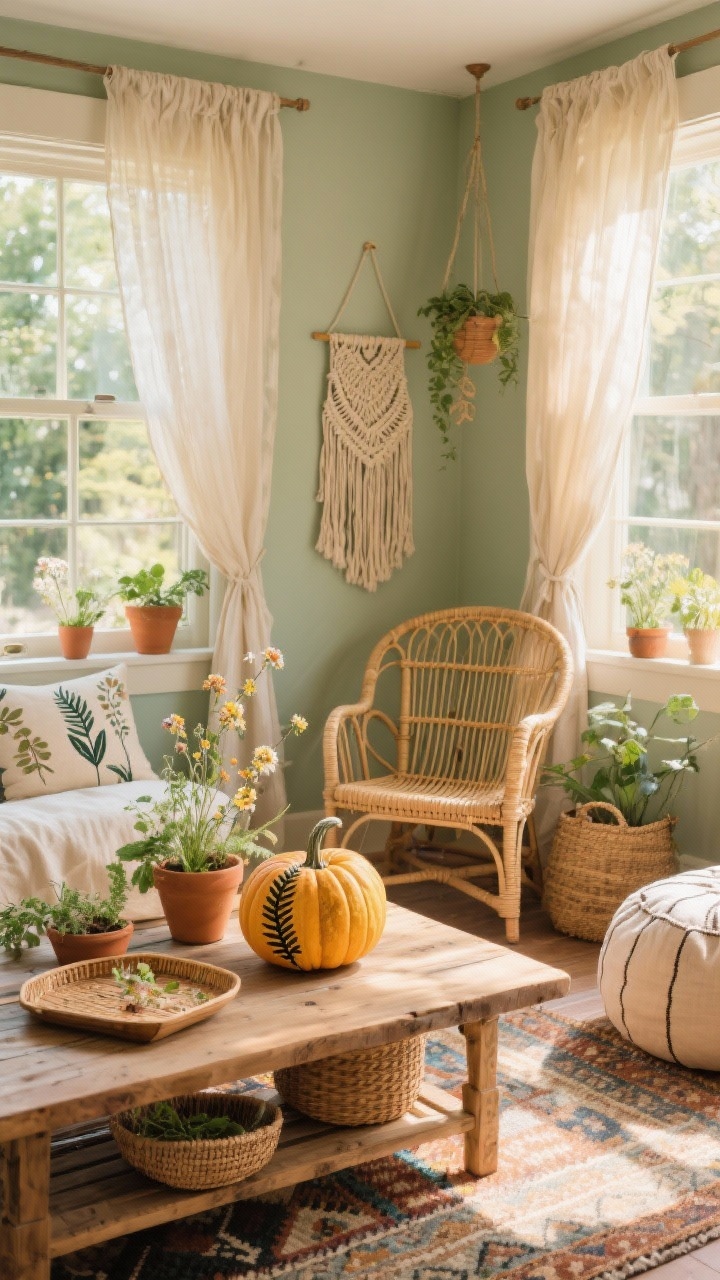 Medium corner angle of a boho sunroom glowing with soft natural light through gauzy curtains: rattan chairs, a low mango-wood table, layered kilim rugs, hanging rattan chair and poufs. On the table and windowsill, hand-painted botanical pumpkins featuring fern fronds, delicate wildflowers, and leaf outlines. Terra-cotta pots with herbs, woven baskets, cane trays, macramé wall hanging, linen floor cushions. Colors: sage, clay, mustard, cream, natural rattan. Warm, sun-kissed ambiance with visible plant life.
